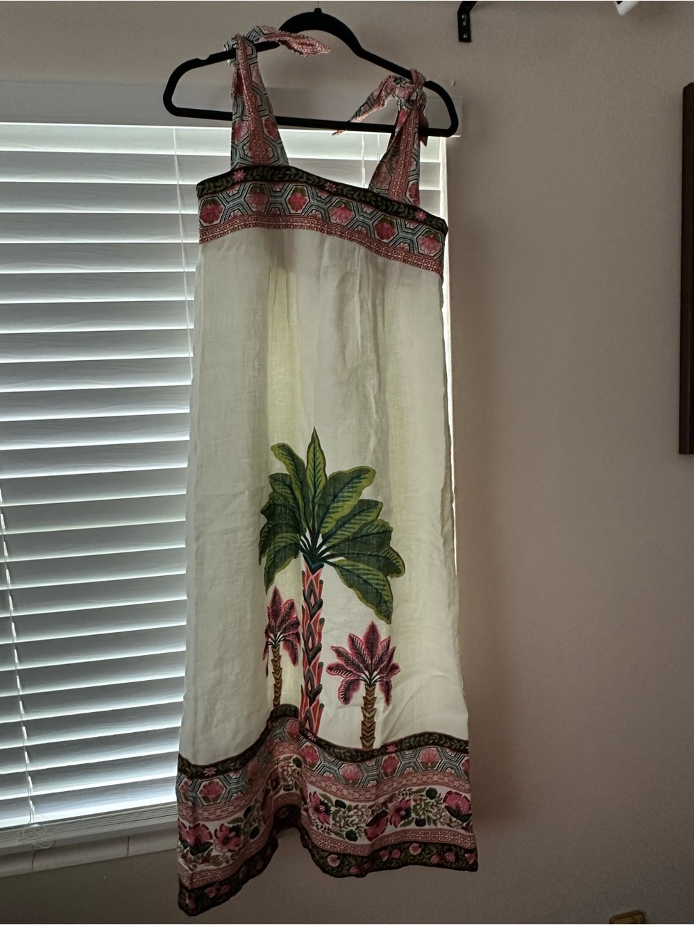 Printfresh Cream Sundress with Green Palm Print and Pink Border